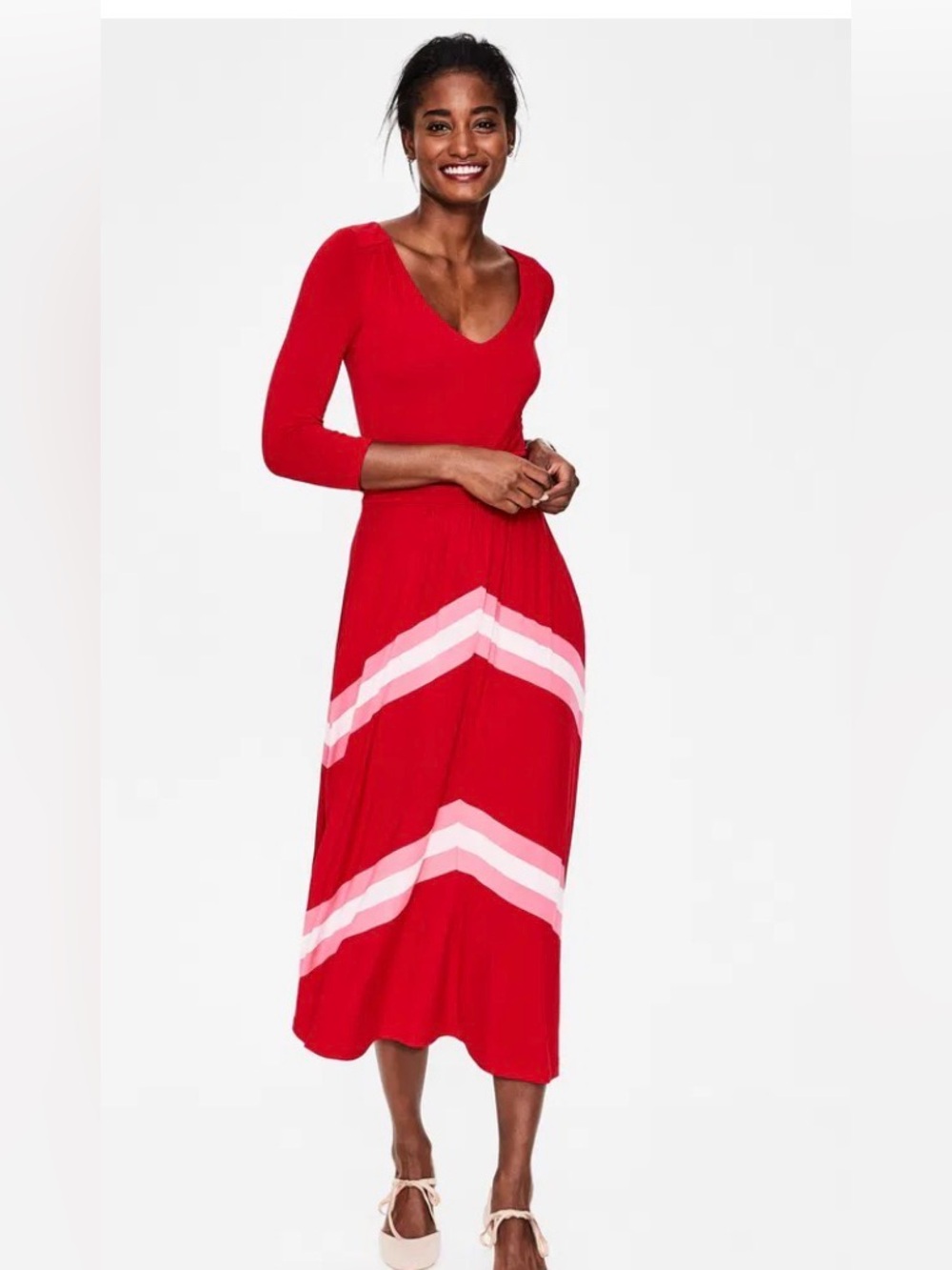 Boden Red Chevron Midi Dress with Pink Stripes